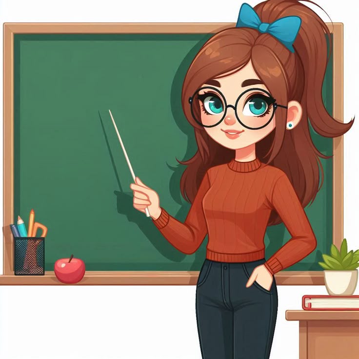 Young woman teacher standing and pointing to the blackboard cartoon character illustration Mrs. K. Jeyalakshmi M.Com., D.El.Ed.